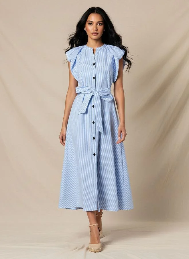 ايكونيك Iconic Striped A-line Women Dress with Tie-Up Belt